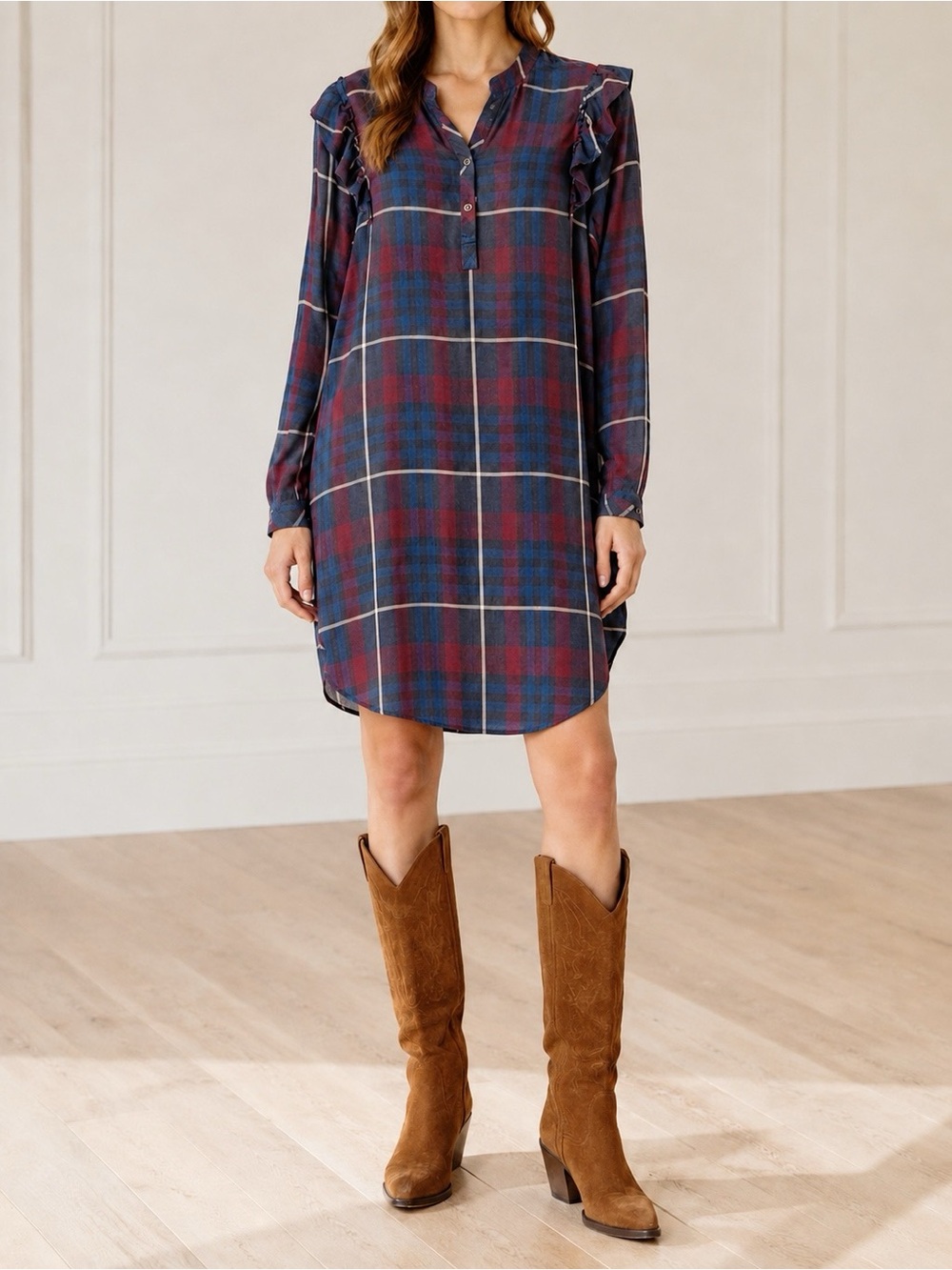 Cloth & Stone Anthropologie Shirt Dress Size XS Blue Plaid Ruffle Western Fall
